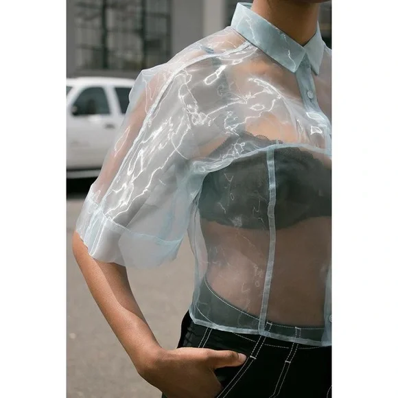🌈 SOLD 🌈 ECKHAUS LATTA float blouse in liquid blue Japanese organza sheer mesh - Picture 8 of 16